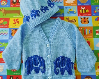 Knitting Pattern for Baby Elephant Jacket and Hat 0-18 months, Baby Cardigan and Hat Knitting Pattern with Elephants, Pdf digital download