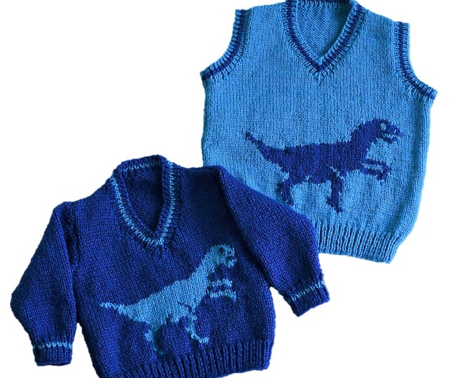 Knitting pattern for boys and girls dinosaur V-neck tops, Velociraptor Pdf instant download, Dinosaur Sweater, 6 months to 7 years