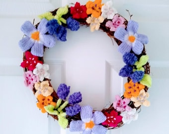 Knitting Pattern: Spring Flower Wreath with Cherry Blossom, Periwinkle and Grape Hyacinth (PDF Download)