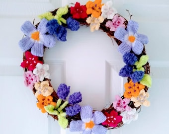 Knitting pattern for a Ring of Spring Flowers including Periwinkles, Grape Hyacinth and Cherry Blossom, Wreath, Pdf download digital pattern