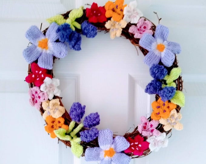 Knitting pattern for a Ring of Spring Flowers including Periwinkles, Grape Hyacinth and Cherry Blossom, Wreath, Pdf download digital pattern