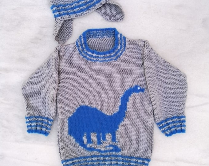 Knitting Pattern for Dinosaur Child's Sweater and Hat Brontosaurus 4-13 years, Aran Dinosaur Jumper and Hat Pattern, Dino Knitting Pattern