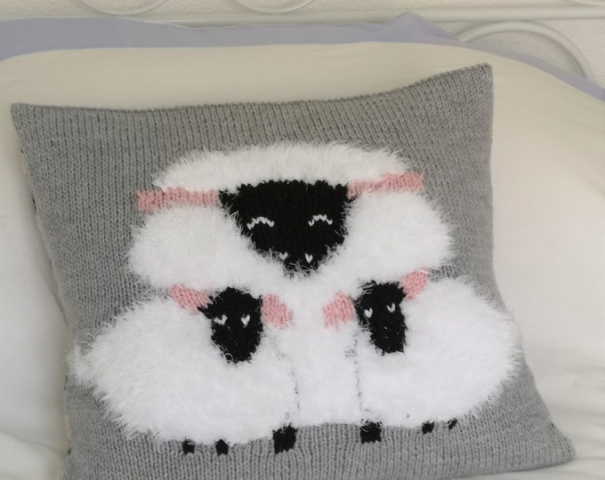 Knitting Pattern for Sheep Cushion using Aran or Worsted Wool, Pillow with a Sheep and Lambs, Chunky Cushion, PDF download Knitting Patterns