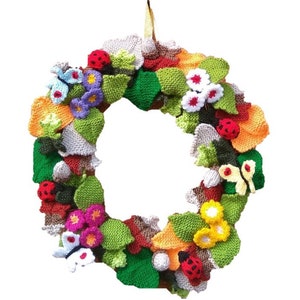 Knitting pattern for Woodland Wreath,  Knitted Primroses, Leaves, Acorns, Butterflies, Ladybirds, Everlasting Flower Knitting Patterns