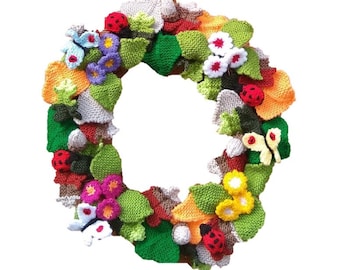 Knitting pattern for Woodland Wreath,  Knitted Primroses, Leaves, Acorns, Butterflies, Ladybirds, Everlasting Flower Knitting Patterns