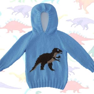 Knitting pattern for Dinosaur Child&#39;s Hoodie 2-12 years, Tyrannosaurus Knitting Pattern, Dinosaur Jumpers, T Rex, Digital download pdf