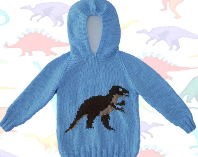 Knitting pattern for Dinosaur Child's Hoodie 2-12 years, Tyrannosaurus Knitting Pattern, Dinosaur Jumpers, T Rex, Digital download pdf