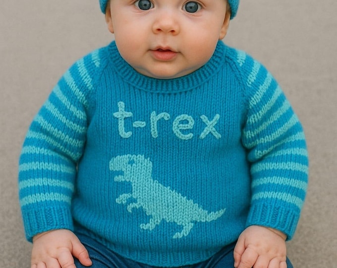 Knitting Pattern for baby and toddler Sweater and Hat with T-Rex, Tyrannosaurus Rex, Dinosaur Motif. Digital download for ages 0-18 months