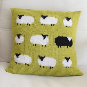 Knitting Pattern for a Sheep Cushion using Aran or Worsted Wool, Pillow with a Flock of Sheep including one Black Sheep, Knitting Patterns