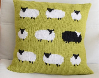 Knitting Pattern for a Sheep Cushion using Aran or Worsted Wool, Pillow with a Flock of Sheep including one Black Sheep, Knitting Patterns