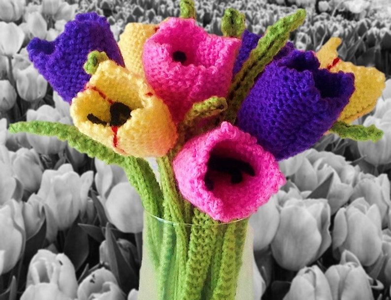 Flower knitting pattern, Knitting pattern for tulips, Knitted tulips, , floral display, knitted flower display, knitted flower gift, tulips image 4