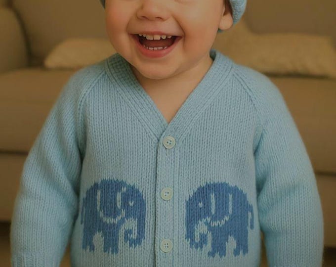 Knitting Pattern for Baby Elephant Jacket and Hat 0-18 months, Baby Cardigan and Hat Knitting Pattern with Elephants, Pdf digital download