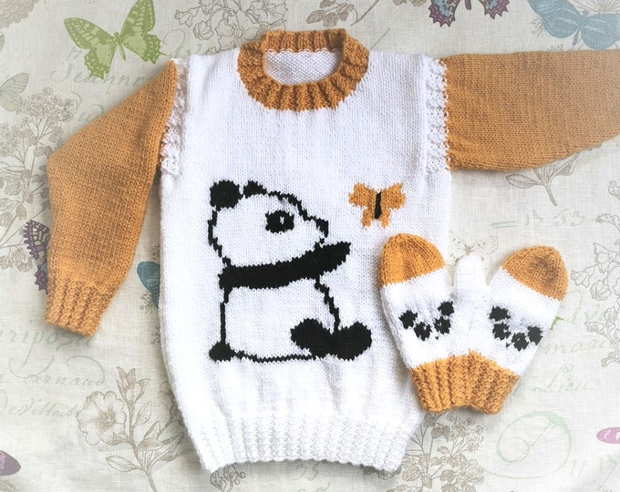 Aran Knitting pattern for children with Panda and Butterfly Sweater and Mittens 4-13 years, Panda Jumper, Intarsia, pdf digital download