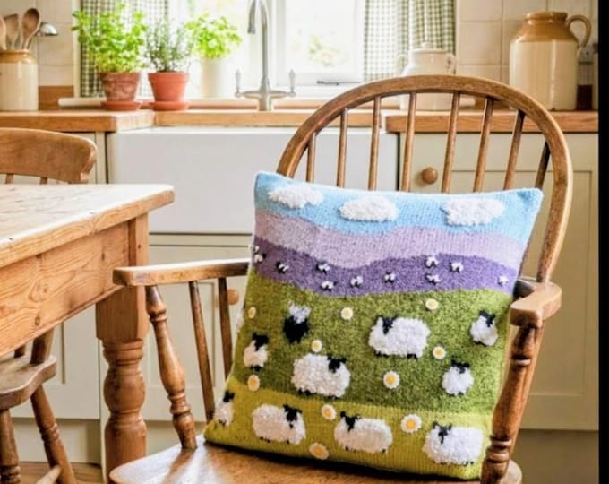 Sheep on the Hillside Cushion Knitting Pattern: Countryside scene in DK yarn (PDF Digital Download)