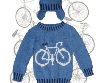 Bike Sweater & Hat Knitting Pattern: 4-13 years, Aran/Worsted yarn (Digital Download)
