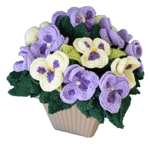 Knitting Pattern for Pot of knitted pansies,  knitted flowers,  floral display, flower display, flower gift, flower knitting pattern