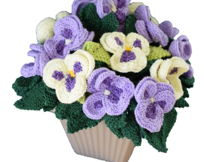 Knitting Pattern for Pot of knitted pansies,  knitted flowers,  floral display, flower display, flower gift, flower knitting pattern