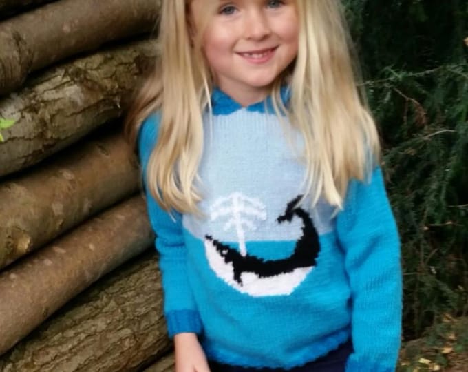 Whale hoodie knitting pattern.  Sizes birth to 7 years.  Double knitting (8 ply) yarn.