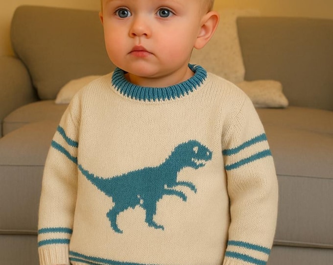 Knitting Pattern - Dinosaur Child's Sweater Velociraptor 2-7 years, Boys patterns, Double Knitting Design for round necked jumper, digital