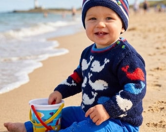 Whale Sweater and Hat Baby Knitting Pattern.  Ages 3-24 months. Aran/Worsted (10 ply yarn).  Digital file