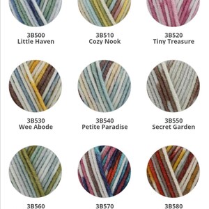 May include: A digital catalog from Wool Warehouse displaying ten circular yarn color samples labeled 3B500 Little Haven, 3B510 Cozy Nook, 3B520 Tiny Treasure, 3B530 Wee Abode, 3B540 Petite Paradise, 3B550 Secret Garden, 3B560 Snug Harbour, 3B570 Little Nest, 3B580 Cute Corner, and 3B590 Sweet Solitude.