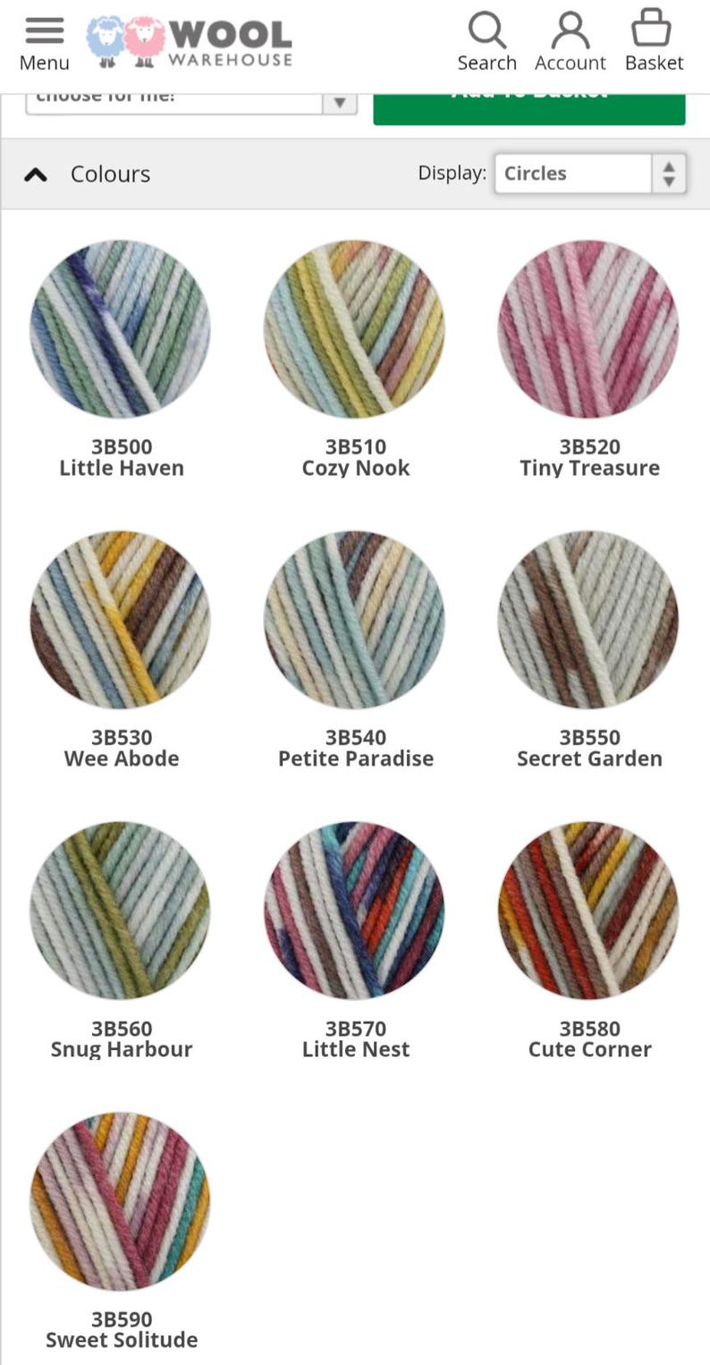 May include: A digital catalog from Wool Warehouse displaying ten circular yarn color samples labeled 3B500 Little Haven, 3B510 Cozy Nook, 3B520 Tiny Treasure, 3B530 Wee Abode, 3B540 Petite Paradise, 3B550 Secret Garden, 3B560 Snug Harbour, 3B570 Little Nest, 3B580 Cute Corner, and 3B590 Sweet Solitude.