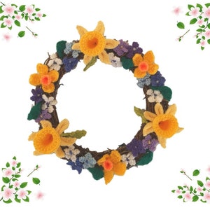 Knitting Pattern - Easter Wreath,  Spring flowers, Ring of Easter flowers with daffodils and blossom, Pdf download digital pattern