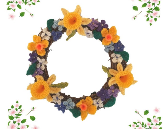 Knitting Pattern - Easter Wreath,  Spring flowers, Ring of Easter flowers with daffodils and blossom, Pdf download digital pattern