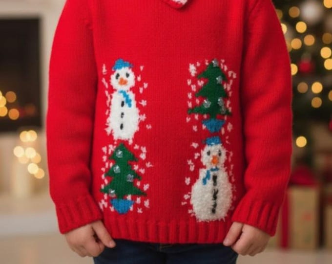 Christmas Sweater Knitting Pattern, Snowman Tree Design (Ages 1-5) (PDF Pattern)