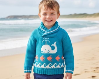 Whale, fish and waves sweater knitting pattern. Ages 1-5 years.  Double knitting (8 ply) yarn.