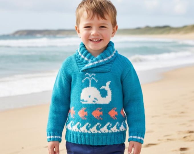 Whale, fish and waves sweater knitting pattern. Ages 1-5 years.  Double knitting (8 ply) yarn.