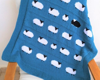 Knitting pattern for a Sheep Blanket, Aran Worsted Knitting Pattern with Sheep, Baby Blanket with Sheep, Black Sheep, Digital Download pdf
