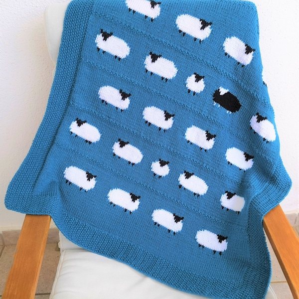 Knitting pattern for a Sheep Blanket, Aran Worsted Knitting Pattern with Sheep, Baby Blanket with Sheep, Black Sheep, Digital Download pdf