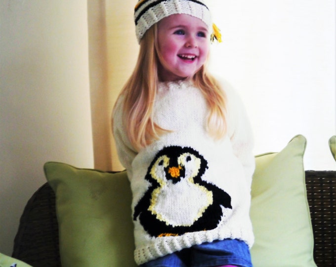 Knitting Pattern for Aran Penguin Child's Sweater and Hat 2-10 years, Penguin Sweater and Hat Knitting Pattern, Penguin Knitting Pattern