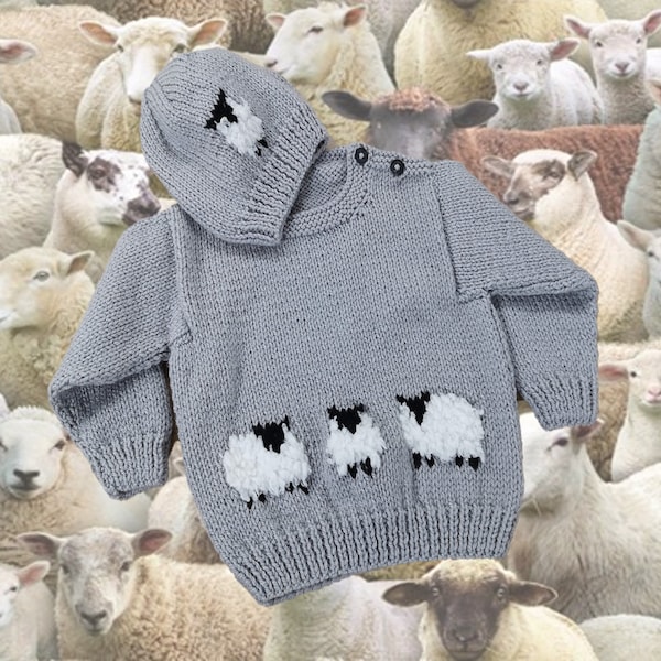 Knitting Pattern for Sheep Baby Sweater and Hat, Aran Worsted Jumper ages up to 2 years,  Baby Knitted Outfit, Trendy Baby Handknit