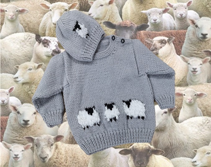 Knitting Pattern for Sheep Baby Sweater and Hat, Aran Worsted Jumper ages up to 2 years,  Baby Knitted Outfit, Trendy Baby Handknit