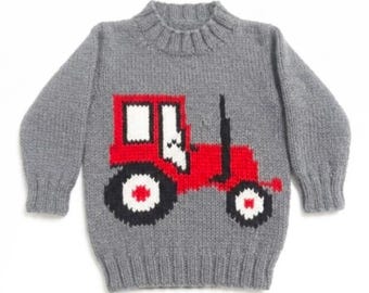 Tractor Sweater Knitting Pattern, Child Sizes 4-13, Aran/Worsted (10 ply) Yarn (Digital Download)