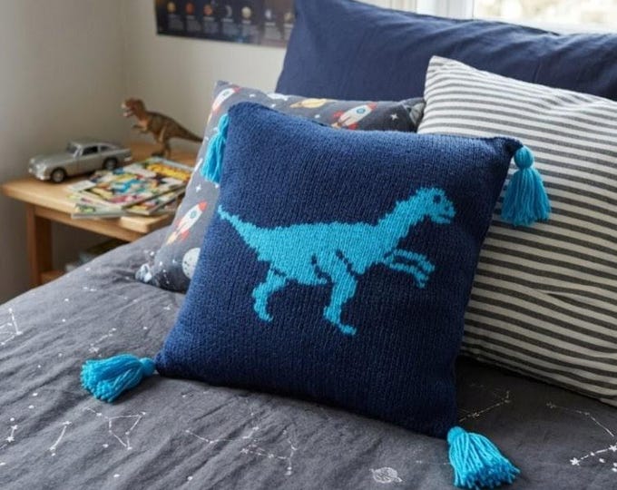 Velociraptor Dinosaur Pillow Knitting Pattern, Cushion in Aran/Worsted Yarn (Digital Download)