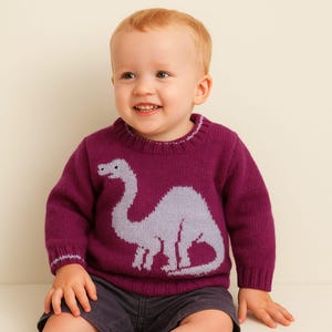 Knitting Pattern for Dinosaur Sweater with Apatosaurus Dinosaur for children aged 2-6 years.  Double knitting yarn and intarsia knitting pdf
