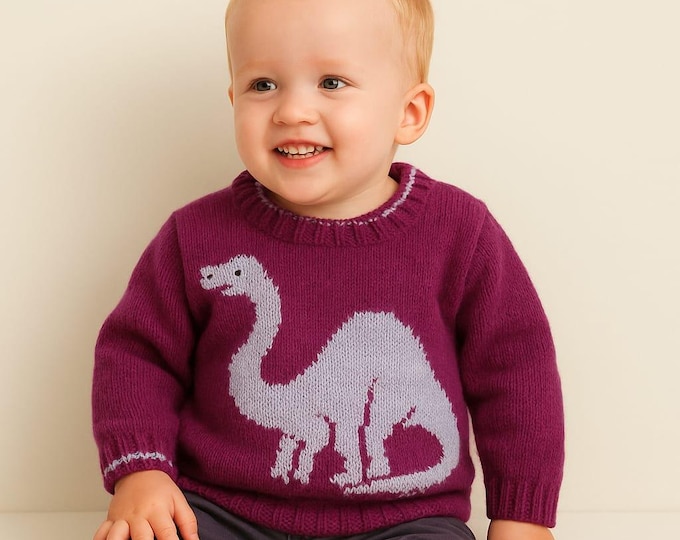 Knitting Pattern for Dinosaur Sweater with Apatosaurus Dinosaur for children aged 2-6 years.  Double knitting yarn and intarsia knitting pdf