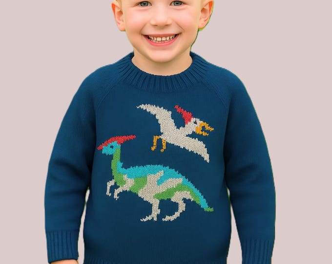 Knitting Pattern for Dinosaur Child's Sweater and Hat 4-13 years - Jurassic Aran Dinosaur Jumper & Hat Pattern, Dino Knitting Pattern