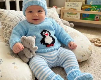 Penguin Sweater, Hat and Bootees Baby Knitting Pattern, DK, 0-18 months. Digital pattern