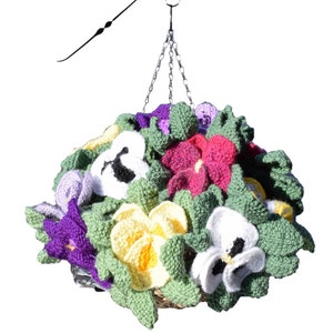 Knitting Pattern - pansy hanging basket, knitting pattern for flowers and leaves, knitted flowers, flower display, pansy basket