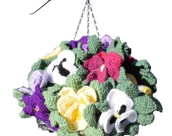 Knitting Pattern - pansy hanging basket, knitting pattern for flowers and leaves, knitted flowers, flower display, pansy basket