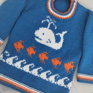 Può includere: Un maglione di lana blu con un design di balena bianca e pesci arancioni. Il maglione ha un bordo bianco e arancione intorno al collo.