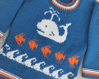 Whale, fish and waves sweater knitting pattern. Ages 2 - 7 years.  Double knitting (8 ply) yarn.