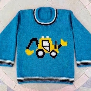 May include: A blue knitted sweater featuring a yellow and black excavator design. The sweater has a crew neck with white and black trim, and matching trim on the cuffs and hem. A cozy, machine-washable garment.