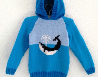 Whale hoodie knitting pattern.  Sizes birth to 7 years.  Double knitting (8 ply) yarn.
