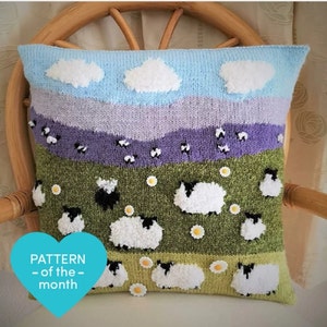 Knitting Pattern for Sheep Cushion, Pillow with Flock of Sheep & 1 Black Sheep on the Hillside, Sheep with daisies, pdf digital download image 1