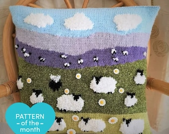 Knitting Pattern for Sheep Cushion, Pillow with Flock of Sheep & 1 Black Sheep on the Hillside, Sheep with daisies, pdf digital download